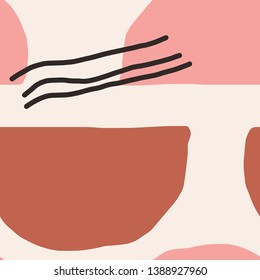Seamless repeating pattern with abstract shapes in brown, pink and black on cream background. Contemporary collage style poster, wallpaper, fabric, packaging and branding identity design.
