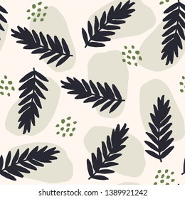 Seamless repeating pattern with abstract shapes and leaf silhouettes in black, light gray and green on cream background. Modern and stylish textile, gift wrap, wall art, packaging and branding design.