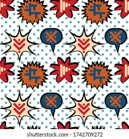 seamless repeating pattern with abstract shapes, dots and speech bubbles. vector illustration