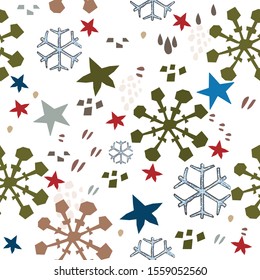 Seamless repeating pattern with abstract snowflake and  shapes in green, blue on white. Modern and stylish textile for prints, gift wrap, wall art, swatches, clothing, packaging and branding design. 
