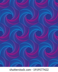 Seamless repeating pattern. Abstract spirographic hexagons in pink and blue gradients.