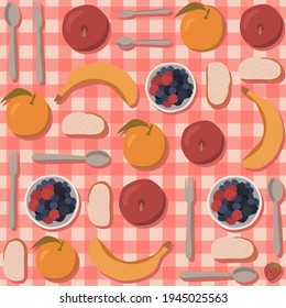 Seamless repeating pattern of all kinds of food on the picnic table