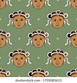 Seamless repeating pattern with ancient Greek vase painting motifs. Stylized female face in wreath or crown.