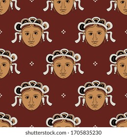 Seamless repeating pattern with ancient Greek vase painting motifs. Stylized female face in wreath or crown.