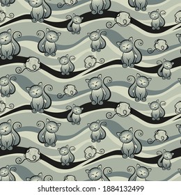 Nahtloses sich wiederholendes Muster. Tiere, stylisierte glückliche Katzen und Bälle aus Garnen auf scharfem Hintergrund. 