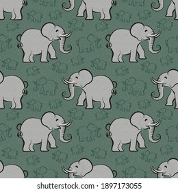Seamless repeating pattern. Animals, stylized happy elephant on mossy green felt.