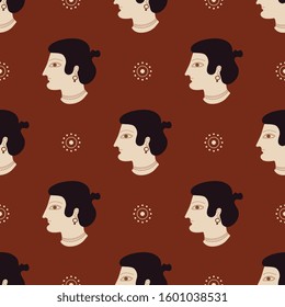 Seamless repeating pattern with antique motifs. Head of ancient Greek woman in profile.