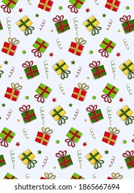Seamless repeating pattern, for any holiday. Gift (box with a bow), candy, stars. Color vector, fill does not line up with path.