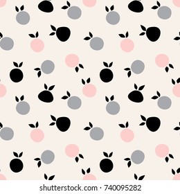 Seamless repeating pattern with apple orange in black and pastel on cream background.