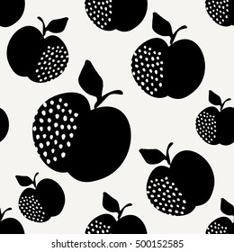 Seamless repeating pattern with apples in black on cream background. Retro style tiling background, poster, textile, greeting card design.