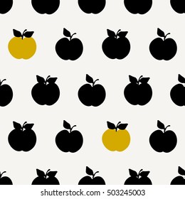 Seamless repeating pattern with apples in black and mustard yellow on cream background. Retro style tiling background, poster, textile, greeting card design.