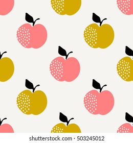 Seamless repeating pattern with apples in black, mustard yellow and coral pink on cream background. Retro style tiling background, poster, textile, greeting card design.