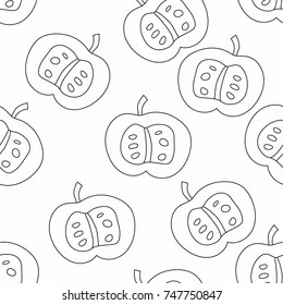 Seamless repeating pattern of apples, sliced halfway open to reveal seeds and stem. Vector format, hand drawn. Doodle line art style in black and white