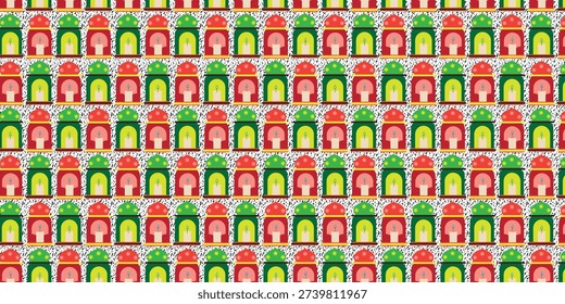 Seamless repeating pattern of arched building facades with windows.