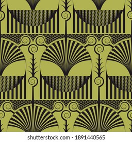 Seamless repeating pattern. Art deco oriental inspired pattern in black and mossy green. 