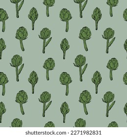 Seamless repeating pattern with artichokes on a green background. Floral ornament with green vegetable buds. Artichoke illustration hand drawn. Vector