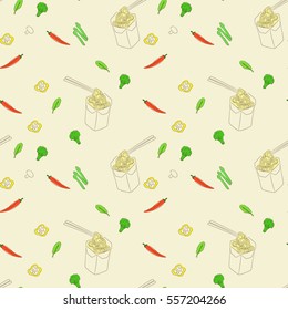 Seamless repeating pattern with asian food for design menu, packaging paper and wallpaper. Hand drawn wok noodles box with broccoli, green asparagus, spicy chili peppers, leaf spinach and mushrooms