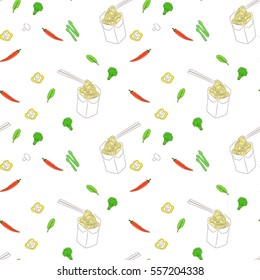 Seamless repeating pattern with asian food for design menu, packaging paper and wallpaper. Hand drawn wok noodles box with broccoli, green asparagus, spicy chili peppers, leaf spinach and mushrooms