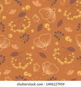 Seamless repeating pattern with autumn leaves, branches and flowers. Autumn textile, poster,  greeting card design.Seasonal banner.