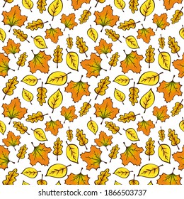 Seamless repeating pattern. Autumn leaves are yellow and orange, maple, oak and plain. Freehand sketch with dark outline.