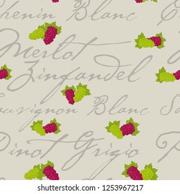 Seamless repeating pattern background with bunches of grapes and various wines text.