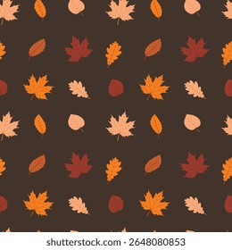 Seamless repeating pattern for background, fabric, wallpaper, printed matter, packaging from autumn leaves on dark background.