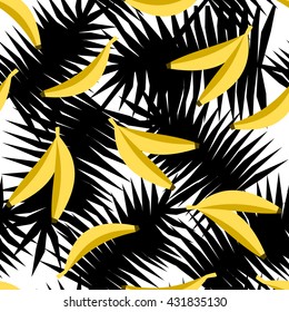 Seamless repeating pattern with bananas on black and white palm leaves background. Modern textile, greeting card, poster, wrapping paper designs.