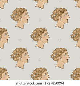Seamless repeating pattern with beautiful female faces. Vintage style. Portrait of antique lady in profile.
