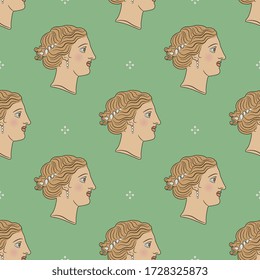 Patrón repetido sin inconvenientes con hermosas caras femeninas. Estilo vintage. Retrato de una dama de época de perfil.