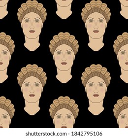 Seamless repeating pattern with beautiful female faces. Antique woman or goddess.