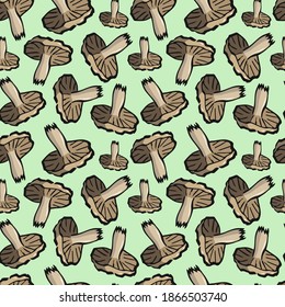 Seamless repeating pattern. Beige wavy mushrooms on a green background. Freehand sketch with dark outline.