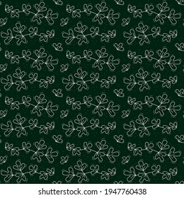 Seamless repeating pattern, bindweed or liana branch with triple leaves. Contour white objects on a dark green.