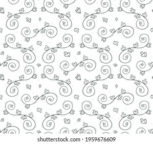 Seamless repeating pattern of bindweed or liana, twisted in a spiral. A branch with a shamrock.Contour dark green objects on a white.