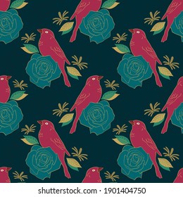 seamless repeating pattern with birds and flowers. vector illustration