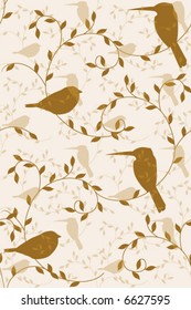 Seamless repeating pattern of birds perched in tree branches