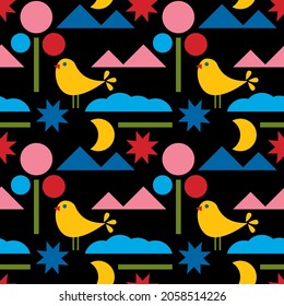 seamless repeating pattern with birds, trees and clouds. vector illustration