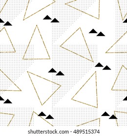 Seamless repeating pattern with black and gold glitter triangles on white background. Modern and elegant tiling background, poster, textile, greeting card design.