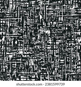 Seamless repeating pattern. Black rectangles and lines overlapping randomly on a white background. Geometric maze with a modern design. Abstract computer technology concept. Vector illustration.