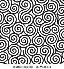 A seamless, repeating pattern of black swirling lines on a white background, creating a hypnotic and organic texture. Ideal for backgrounds and graphic design.