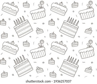 Seamless repeating pattern of black and white contoured doodle cakes.