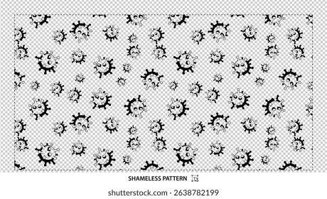Seamless repeating pattern of black and white cartoon virus cells on transparent background
