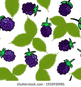 Seamless repeating pattern with blackberries. Berries and leaves, solid pattern. Vector. Forest purple berry. Background for design of textile packaging.