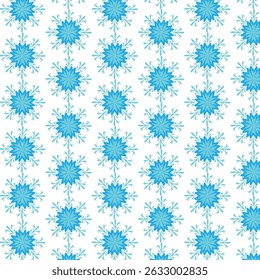 Seamless repeating pattern of blue floral snowflake vector design elements on white background