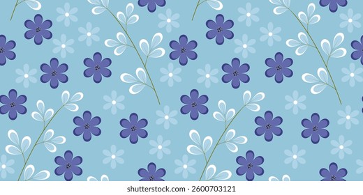 Seamless repeating pattern with blue  flowers and branches. Ideal for bedding and home textiles. Vector illustration.