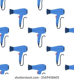 Seamless repeating pattern of blue hair dryers on a white background. Vector illustration