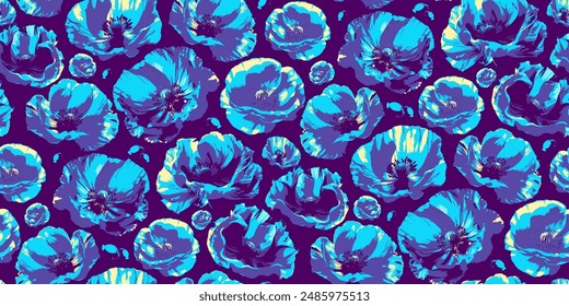 Seamless repeating pattern of blue poppies. Flower heads with delicate petals. Half drop print.