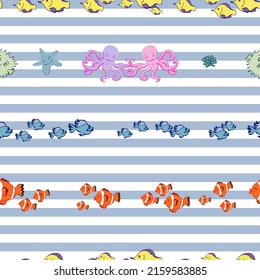 Seamless repeating pattern with blue and white stripes background with goldfish, octopus and starfish