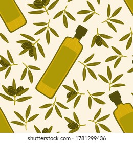 Seamless repeating pattern. Bottles with organic natural olive oil. Green olives on the branches. Natural products for a Mediterranean lunch. Pattern with Greek food. Contemporary illustration.