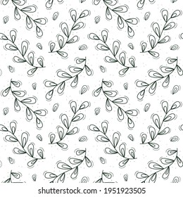 Seamless repeating pattern of a branch with many leaves in the form of a double blob. Contour dark green objects on a white.