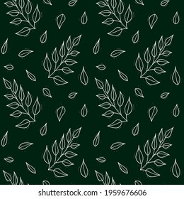 Seamless repeating pattern from a branch with rare narrowed leaves.Contour white objects on a dark green.